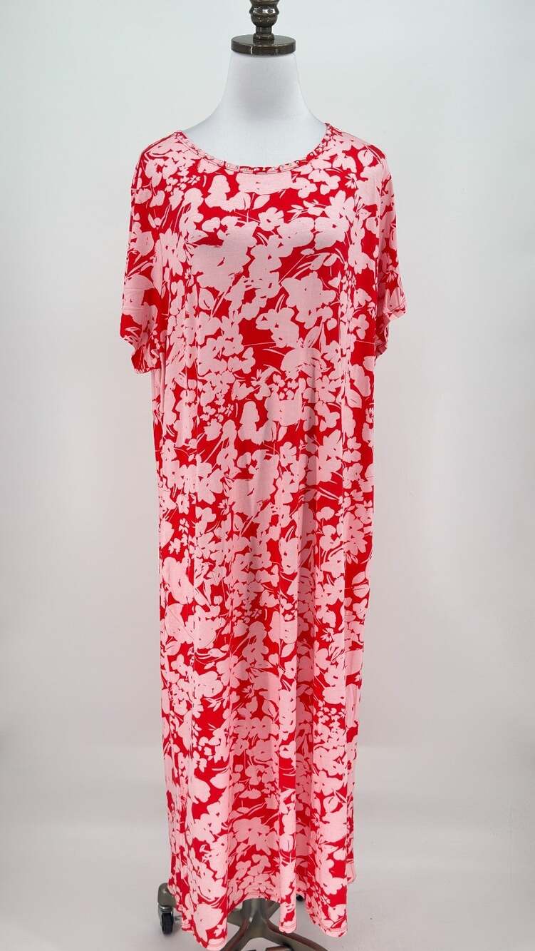 Quacker Factory Floralicious Red Pink Short Sleeve Midi T Shirt Dress Sz 2X NEW